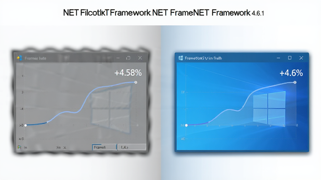 Microsoft.NET Framework 4.6.1 界面渲染优化示意图,画面展示一个软件窗口从模糊卡顿到清晰流畅的渐变过程,左侧为灰色低帧率状态,右侧为蓝色高帧率状态,布局为左右对比式,风格现代简约,细节包含帧率数字曲线与窗口阴影变化,画质高清,干净,无多余元素