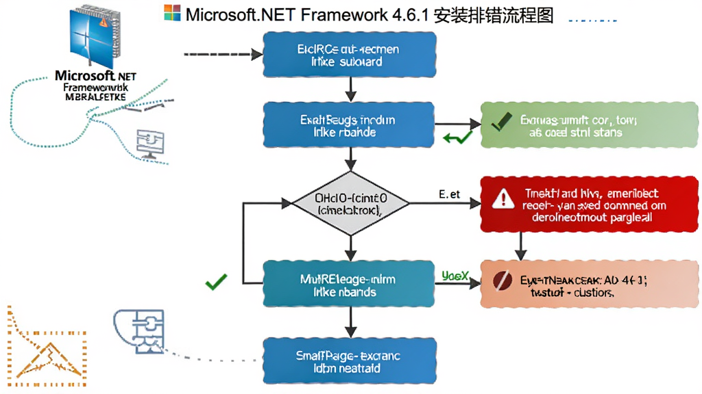 Microsoft.NET Framework 4.6.1 安装排错流程图,画面以流程图形式展示从下载到安装完成再到验证的步骤,包含判断分支与常见错误提示框,布局为纵向流程式,风格清晰信息图,细节包含红色警告标识与绿色通过标识,画质高清,干净,无多余元素
