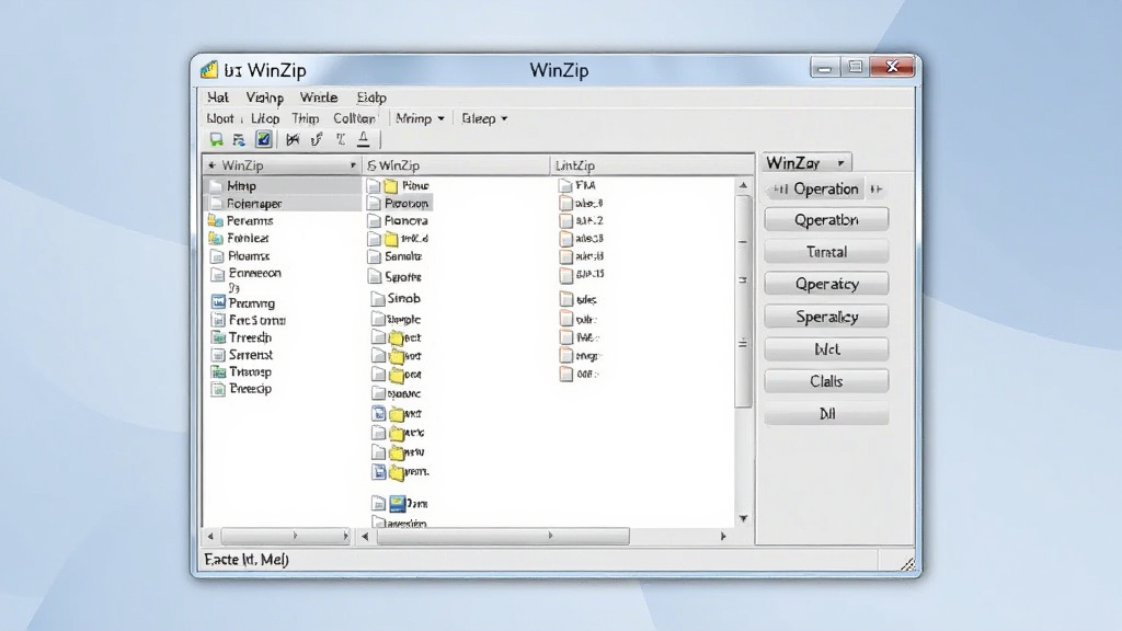 һ��չʾWinZip����������Ŀ���ͼƬ������������WinZip���ڣ����Ϊ�ļ��б������Ҳ�Ϊ������ť��壬������þ���İ�ɫ��ǳ��ɫ��ɫ���������࣬��Ļ�Ϸ���