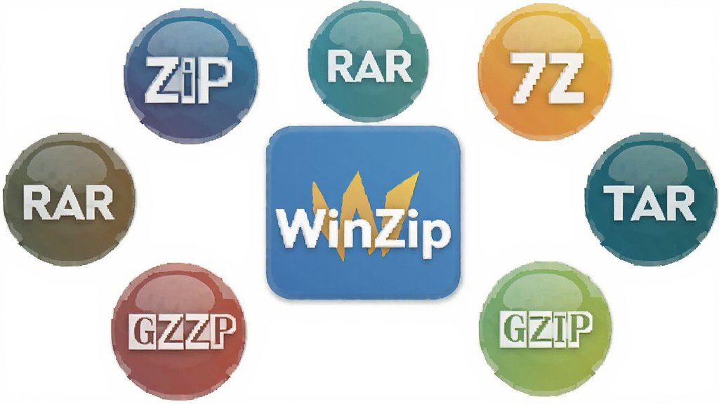 һ��չʾWinZip֧�ֶ���ѹ����ʽ��ʾ��ͼ������������WinZip������ͼ�꣬��Χ������ZIP��RAR��7Z��TAR��GZIP�ȸ�ʽ��ǩ����ǩ��Բ��ͼ����ʽɢ�����У�����Ϊ�ɾ��İ�ɫ�����Ϊ��ƽ����Ϣͼ��ɫ�����죬ϸ�����������ʸɾ����޶���Ԫ�ء�