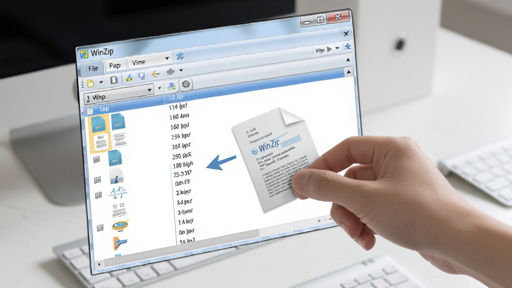 һ��չʾWinZip�ļ���ק�����ĳ���ͼ��������һֻ������һ���ĵ��ļ�����WinZip���ڣ���������ʾ�ļ��б����ڸ��£�����Ϊ���İ칫���棬���Ϊдʵ������ʾͼ��������ͣ�ϸ�����������ʸɾ����޶���Ԫ�ء�