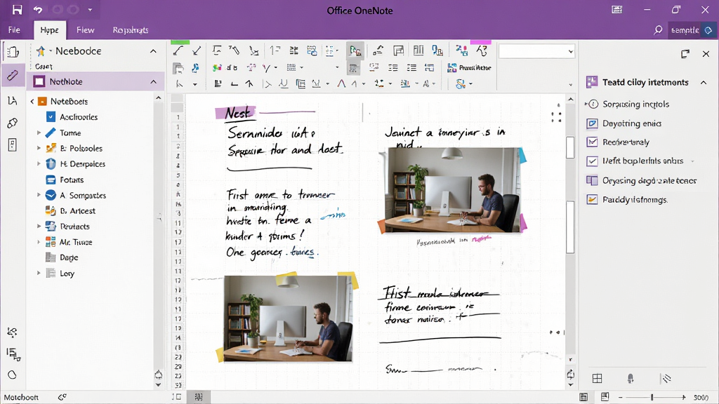 一张展示 Microsoft Office OneNote 软件界面的全景图,主体为打开的三栏式笔记页面,左侧是笔记本与分区列表,中间是带有手写墨迹和图片的笔记画布,右侧是待办事项面板,布局清晰,排版整洁,风格为现代办公软件UI风格,细节包括彩色标签、网格线、工具栏图标,画质高清,画面干净,无多余元素。