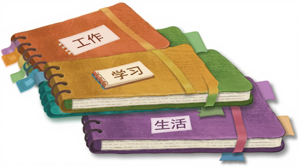 一张展示 Microsoft Office OneNote 多层级笔记本结构的示意图,主体为三个层叠的彩色笔记本图标,分别标注“工作”“学习”“生活”,布局呈阶梯状排列,风格为扁平化插画,细节包括笔记本封面纹理、彩色标签、微阴影,画质高清,画面干净,无多余元素。