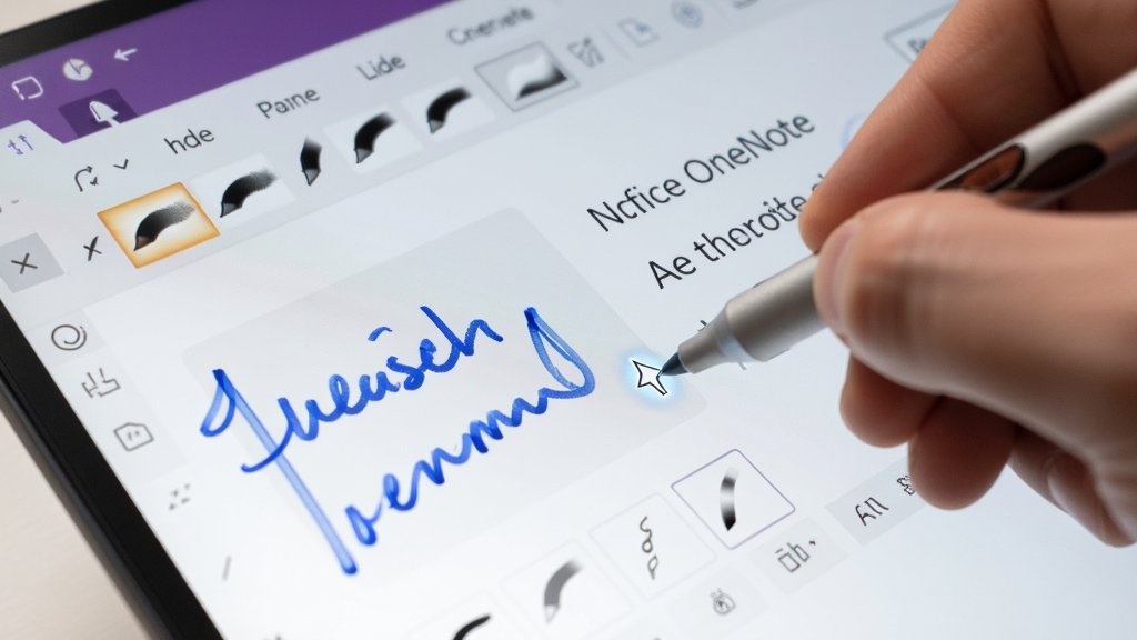 一张展示 Microsoft Office OneNote 手写墨迹功能的特写图,主体为一只手握着触控笔在屏幕上书写,屏幕上显示着流畅的蓝色手写笔迹和旁边同步转换出的印刷体文字,布局为对角线构图,风格为写实科技风,细节包括笔尖与屏幕接触的光标、墨迹渐变、工具栏的笔刷选项,画质高清,画面干净,无多余元素。