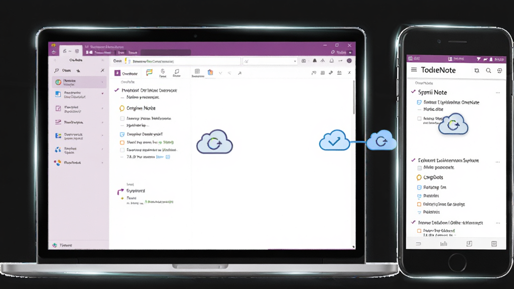 一张展示 Microsoft Office OneNote 在电脑和手机双端同步的示意图,主体为左侧一台打开的笔记本电脑显示OneNote界面,右侧一部智能手机显示相同笔记内容,布局为左右对比,风格为现代科技感,细节包括屏幕上的同步图标、云端连接线、设备边框高光,画质高清,画面干净,无多余元素。