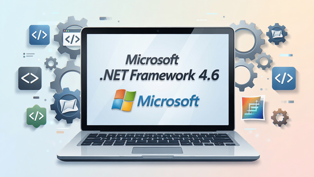 画面中央展示一台银色笔记本电脑,屏幕中显示“Microsoft .NET Framework 4.6”字样与蓝色微软徽标,周围环绕着齿轮、代码符号与软件图标,布局采用居中对称式构图,风格为现代科技感扁平插画,细节包括屏幕反光、图标阴影与柔和渐变背景,画质为4K高清,画面干净,无多余元素