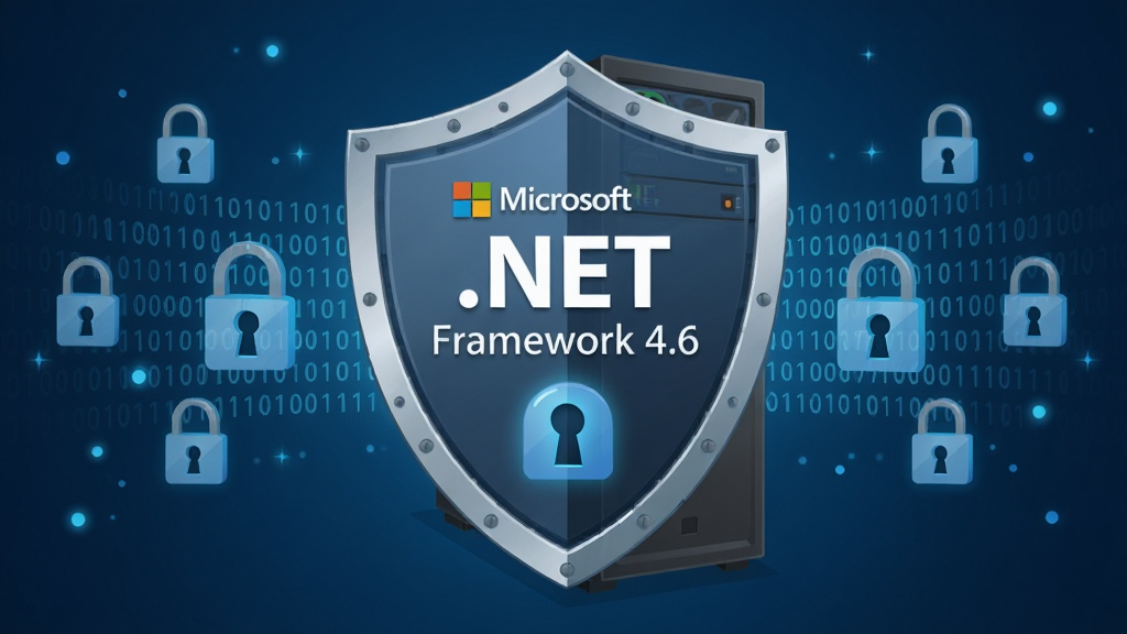 画面中一台电脑主机与盾牌图标结合,盾牌上写有“Microsoft .NET Framework 4.6”,四周环绕锁形图标与二进制代码流,布局为盾牌居中、左右对称延伸,风格为扁平化安全主题插画,细节包括金属质感盾牌、发光锁孔与深蓝色背景渐变,画质为高清,画面干净,无多余元素
