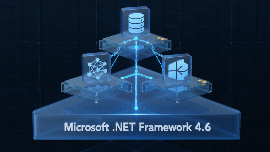 画面展示多层立体架构图,底层标注“Microsoft .NET Framework 4.6”,上层延伸出网络、数据库、图形、并行计算等模块图标,布局为自下而上的金字塔结构,风格为科技蓝立体信息图,细节包括半透明玻璃质感模块、发光连接线与网格背景,画质为高清,画面干净,无多余元素