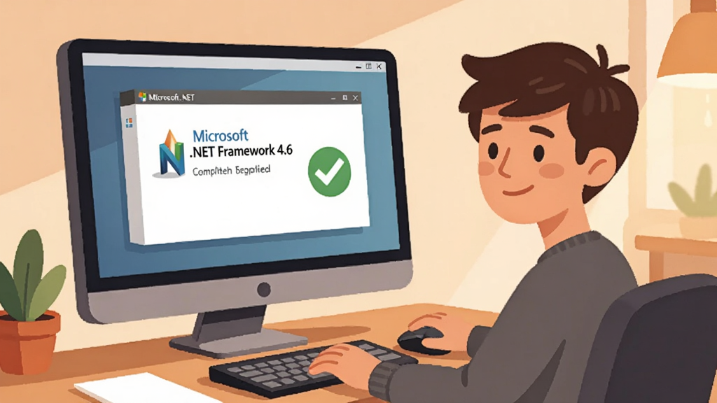 画面中一位年轻用户坐在电脑前,屏幕上显示“Microsoft .NET Framework 4.6”安装完成界面,旁边有绿色对勾图标,用户表情轻松,布局为人物居中、屏幕侧向展示,风格为温馨扁平插画,细节包括桌面绿植、键盘鼠标与柔和灯光,画质为高清,画面干净,无多余元素