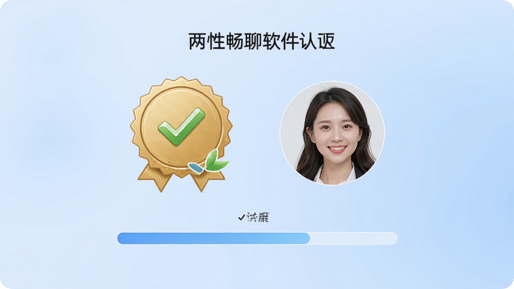 两性畅聊软件的真人认证页面,画面中央是认证徽章与用户头像,背景为浅蓝色渐变,布局对称,风格正式且友好,细节包括认证勾选图标与进度条,画质清晰,干净,无多余元素