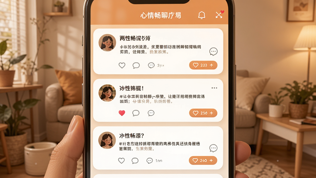 两性畅聊软件的心情广场界面,画面展示多条用户动态卡片,包含头像、文字内容与互动按钮,布局为垂直列表,风格温暖社交化,细节包括点赞心形图标与评论气泡,画质清晰,干净,无多余元素