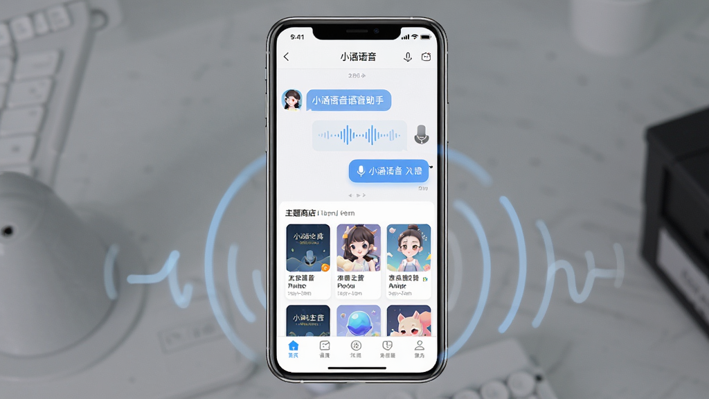 一张展示小涵语音软件主界面的手机截图,画面中央是手机屏幕,屏幕内显示小涵语音的语音助手对话界面与主题商店推荐页,主体突出手机与软件界面,布局为居中构图,排版简洁清晰,风格为现代科技感UI设计,细节包含语音波纹动效、主题缩略图卡片、底部导航栏图标,画质高清,干净,无多余元素