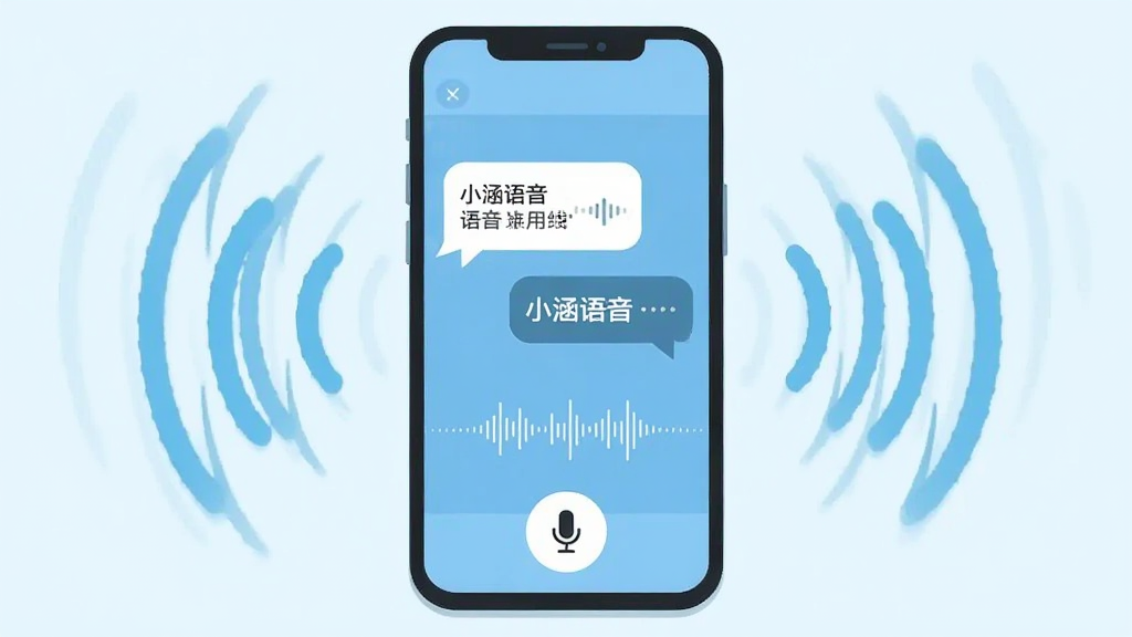 画面主体为一部智能手机,屏幕中展示小涵语音的语音对话气泡界面,布局为手机居中、周围环绕声波图标,排版采用上下结构,风格为扁平化插画风,细节包含麦克风按钮、语音波纹、文字气泡,画质清晰,干净,无多余元素