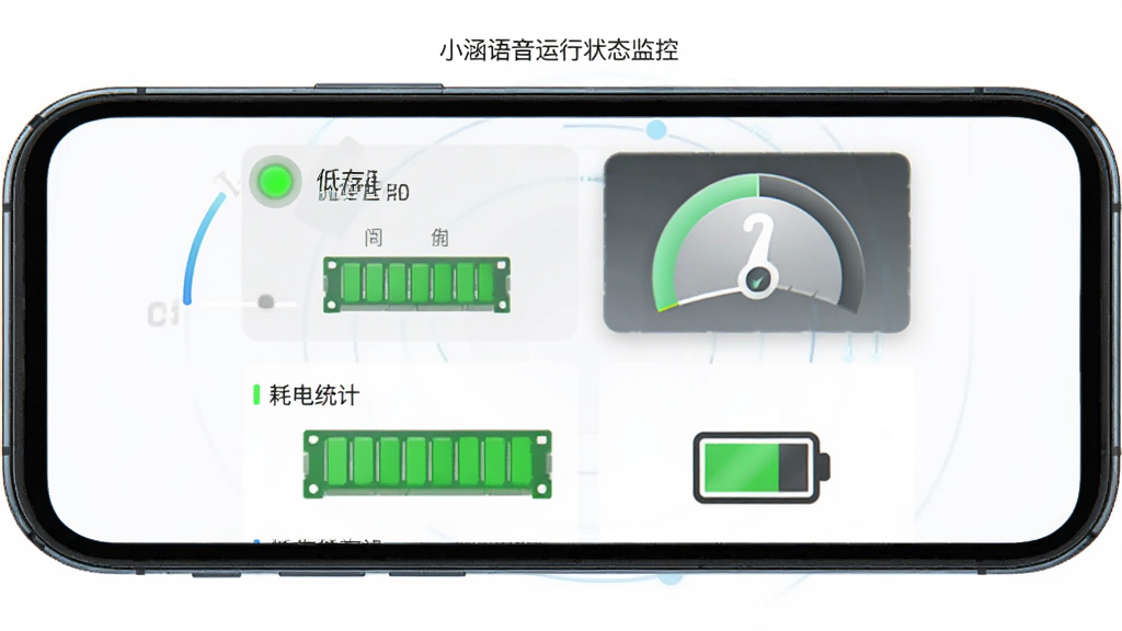 一张展示小涵语音运行状态监控的示意图,主体为手机屏幕中显示内存占用和耗电统计的仪表盘,布局为居中展示,排版简洁,风格为科技数据可视化风格,细节包含绿色低耗指示灯、内存条、电池图标,画质清晰,干净,无多余元素