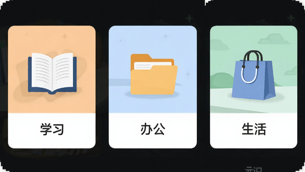 主体为远识软件多场景识别功能展示,布局为三列并排展示学习、办公、生活三个场景卡片,排版采用横向卡片式布局,风格为简约商务插画,细节包含书本图标、文件夹图标、购物袋图标、柔和阴影,画质高清干净无多余元素,图中文字标注