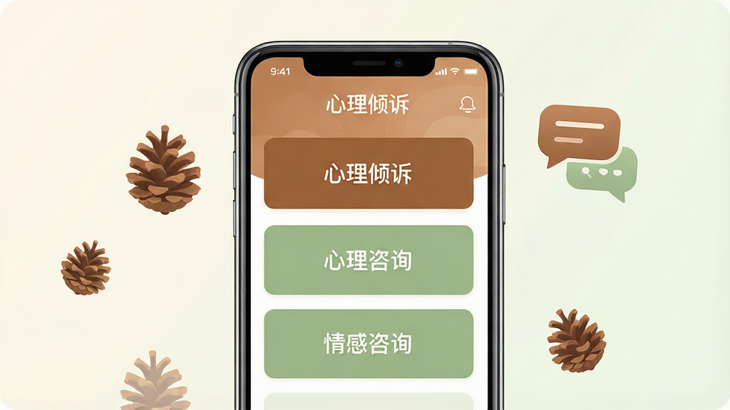 一张展示松果倾诉心理咨询APP主界面的手机样机图,画面中央是一部智能手机,屏幕显示APP首页,包含“心理倾诉”“心理咨询”“情感咨询”等分类入口,界面配色以温暖的松果棕色和柔和的绿色为主,背景为简洁的浅色渐变,周围点缀松果图标和对话气泡元素,整体风格温暖治愈,干净整洁,无多余文字,画质高清。
