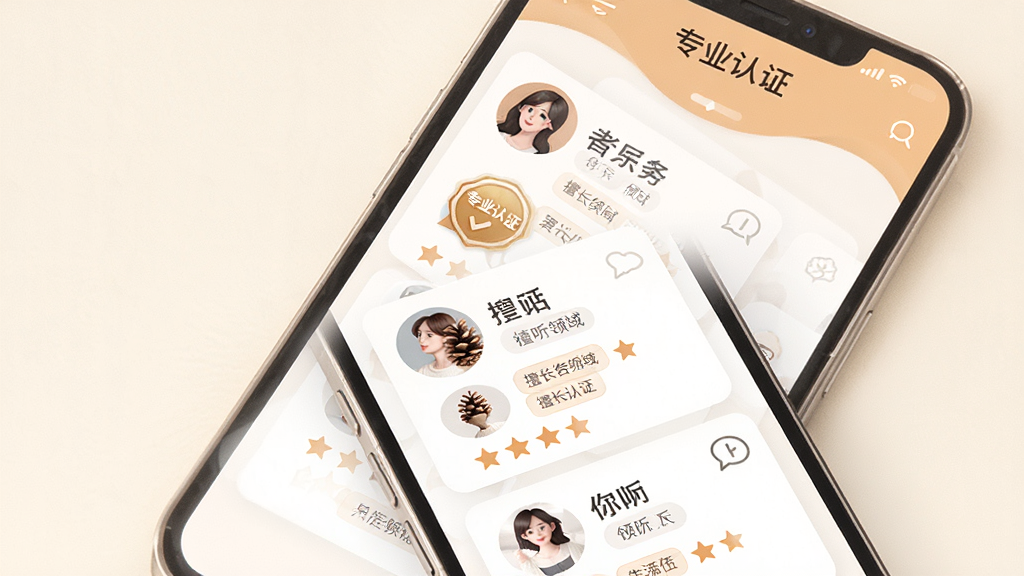 一张展示松果倾诉心理咨询APP中倾听者列表界面的手机截图风格图片,画面中显示多位倾听者的头像、昵称、擅长领域标签和评分星级,界面采用卡片式布局,配色温暖柔和,背景干净,突出“专业认证”标识,整体风格清晰易读,画质高清,无多余元素。