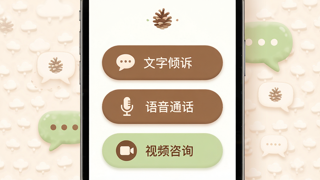 一张展示松果倾诉心理咨询APP沟通方式选择界面的图片,画面中手机屏幕显示“文字倾诉”“语音通话”“视频咨询”三个选项按钮,按钮设计圆润,配色以松果棕和浅绿色为主,背景有柔和的对话气泡装饰,整体风格简洁温馨,画质高清,无多余元素。