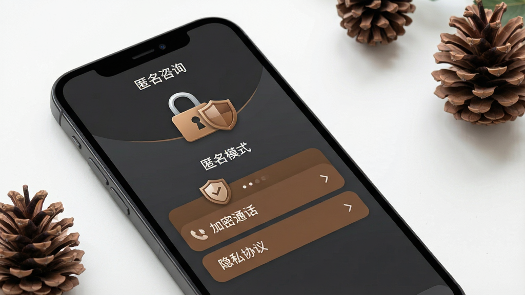 一张展示松果倾诉心理咨询APP隐私安全设置界面的图片,画面中手机屏幕显示“匿名模式”“加密通话”“隐私协议”等选项,界面设计简洁,配色以深灰和松果棕为主,突出安全锁图标和盾牌元素,整体风格专业可靠,画质高清,干净无多余元素。