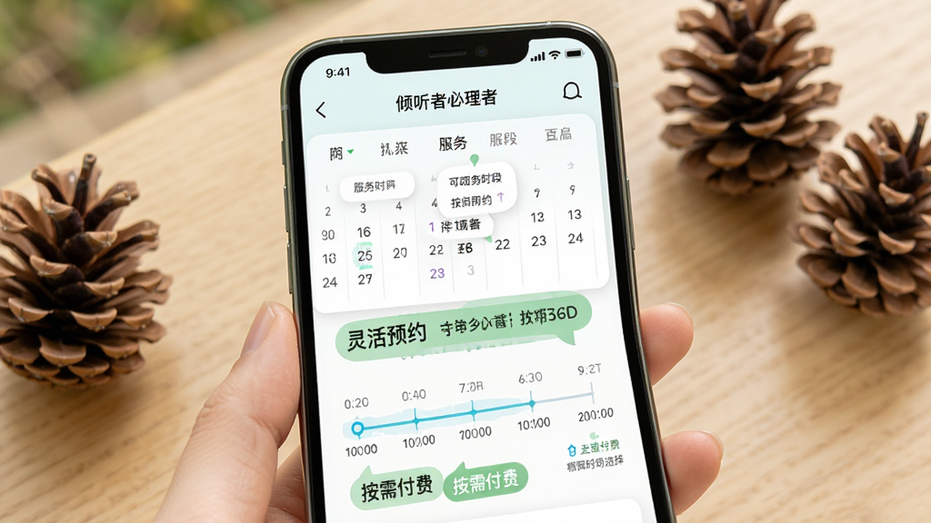 一张展示松果倾诉心理咨询APP价格与时间选择界面的图片,画面中手机屏幕显示倾听者可服务时间段和对应价格标签,界面采用日历和时间轴设计,配色清新,突出“灵活预约”和“按需付费”文字,整体风格清晰明了,画质高清,无多余元素。