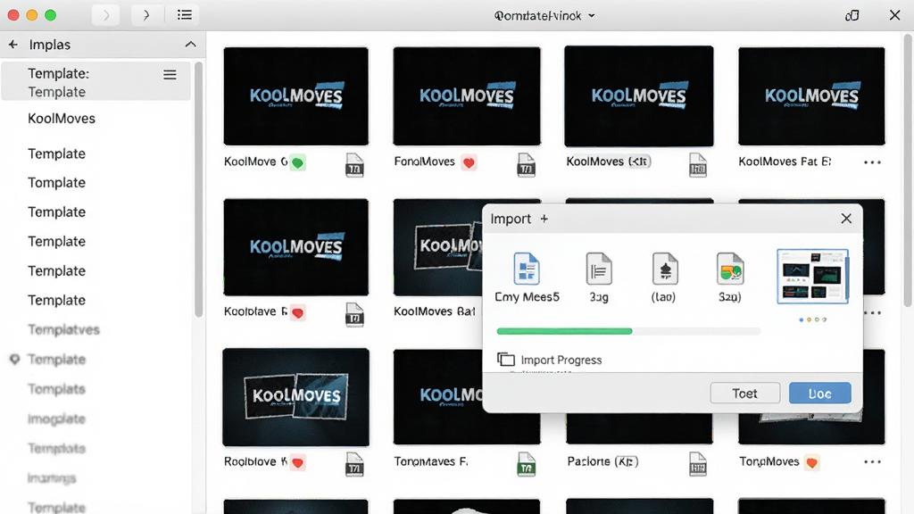 KoolMoves ģ������زĵ�����壬������ģ������ͼ�����뵼���ļ��Ի��򣬲���Ϊ���ģ������б����Ҳ�����ͼԤ�����Ű����룬���Ϊ��Դ����������ϸ�ڰ���ģ�����Ʊ�ǩ���ļ���ʽͼ�ꡢ�����������Ԥ��Сͼ����������������ɾ����޶���Ԫ��