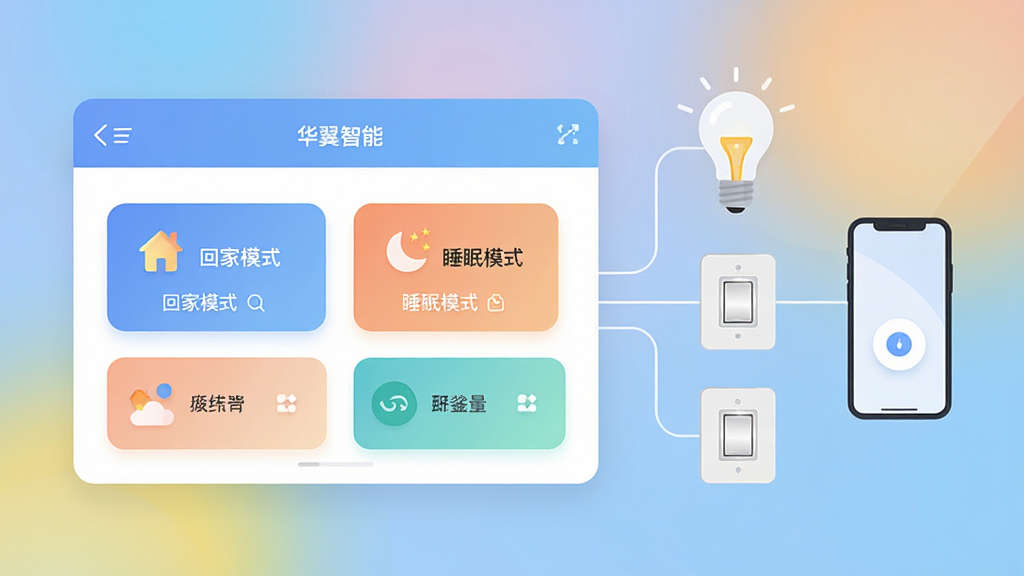 画面中央展示“华翌智能”APP的场景编辑界面,界面中有“回家模式”“睡眠模式”等卡片,旁边用线条连接智能灯泡、智能开关与手机图标,布局采用左右分区,风格为扁平化科技插画风,细节包含清晰的图标、柔和的渐变色背景与简洁的文字标签,画质高清,干净,无多余元素