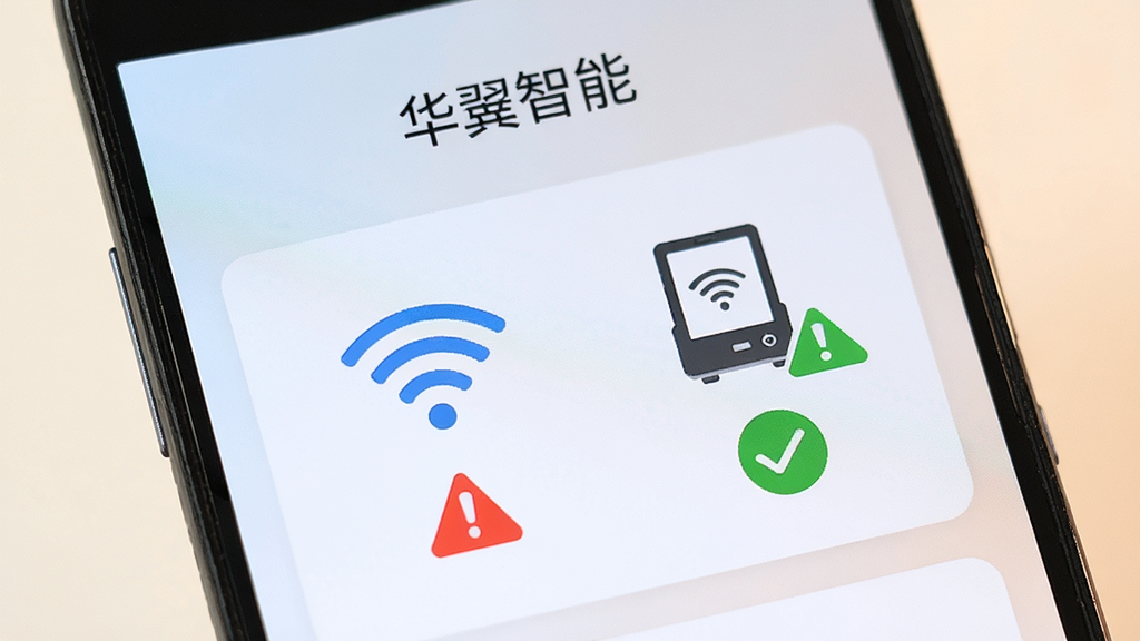 画面展示一部安卓手机屏幕出现“华翌智能”APP的配网引导页面,页面中有Wi-Fi图标与设备图标,旁边有红色警示标志与绿色对勾图标,布局采用上下结构,风格为简洁信息图风,细节包含清晰的图标对比与柔和的背景色,画质高清,干净,无多余元素
