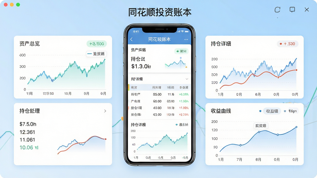 同花顺投资账本软件主界面全貌展示,画面中央放置一部智能手机,手机屏幕中清晰显示资产总览、持仓明细和收益曲线图,屏幕上方有