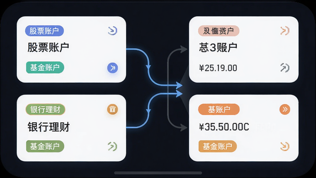 同花顺投资账本多账户归集功能展示,手机屏幕中显示多个账户卡片并列排列,分别标注