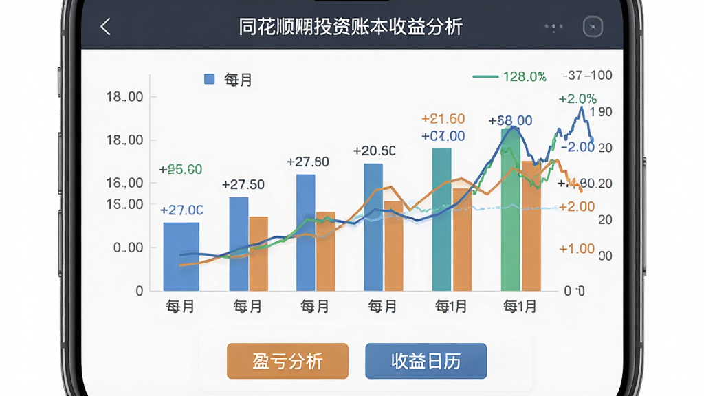 同花顺投资账本收益分析页面展示,手机屏幕中显示柱状图与折线图组合,柱状图代表每月收益,折线图代表收益率走势,图表下方有