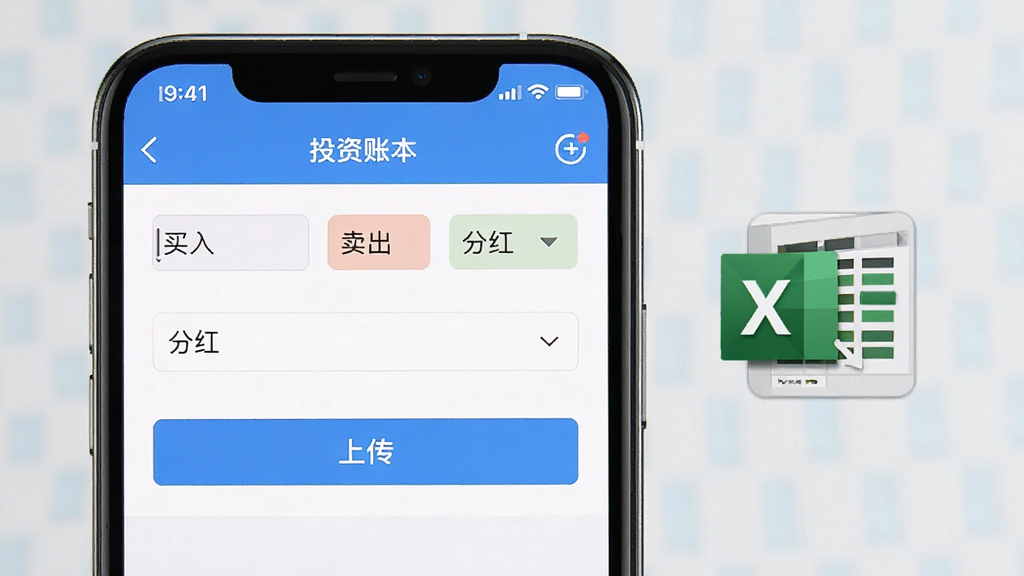 同花顺投资账本手工记账与导入功能展示,手机屏幕中显示记账表单界面,包含
