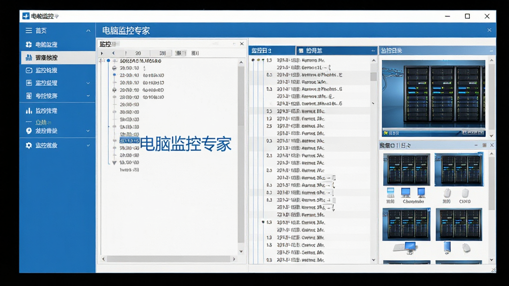 电脑监控专家软件主界面全貌展示,画面中央是软件窗口,左侧为功能导航栏,右侧为监控日志与屏幕截图预览区域,整体布局清晰规整,界面风格简洁商务,采用蓝白配色,屏幕中显示“电脑监控专家”字样,细节包括菜单按钮、时间轴记录、缩略图列表,画质清晰干净,无多余元素