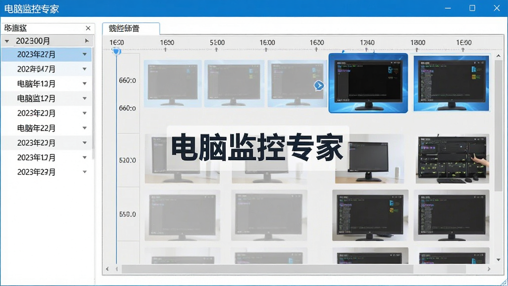 电脑监控专家屏幕记录功能展示,画面主体为软件界面中的时间轴与屏幕截图缩略图,左侧显示日期列表,右侧展示多张按时间排列的屏幕快照,界面风格清爽,蓝白灰色调,屏幕中带有“电脑监控专家”文字标识,布局整齐,画质清晰,干净无杂物