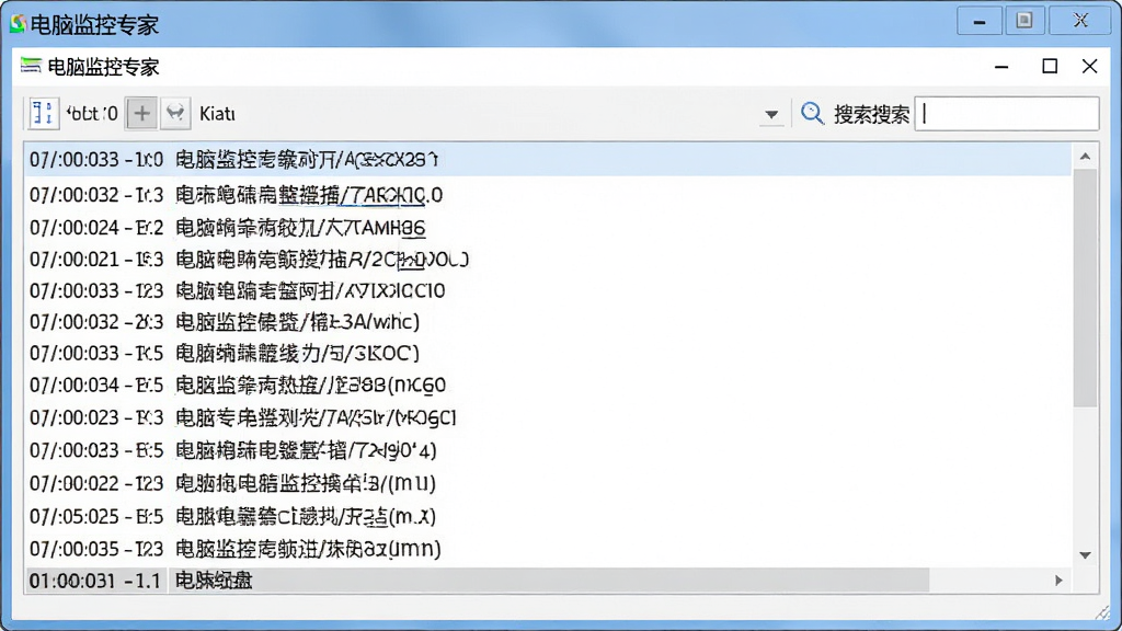 电脑监控专家键盘记录查看界面,画面中软件窗口内显示按时间排列的键盘输入日志列表,每行带有时间戳和输入内容摘要,右侧有搜索框,界面采用浅色背景,字体清晰,屏幕上方显示“电脑监控专家”名称,风格简洁实用,画质干净,无多余装饰