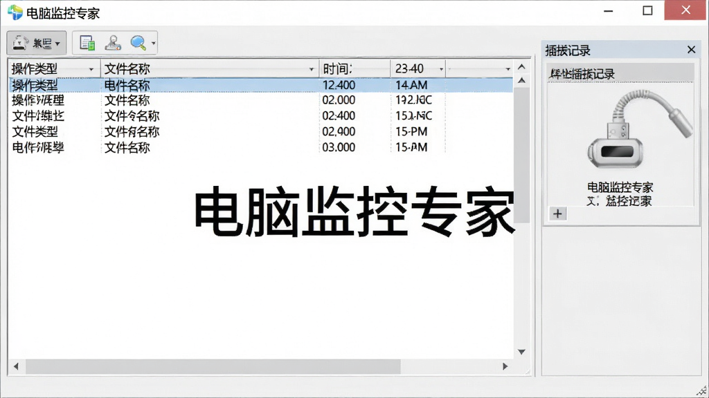 电脑监控专家文件操作记录界面,画面中软件窗口内显示文件操作日志列表,包含操作类型、文件名、时间等信息,右侧有U盘插拔记录面板,界面采用浅灰色调,布局清晰,屏幕中显示“电脑监控专家”文字,画质干净,无多余元素