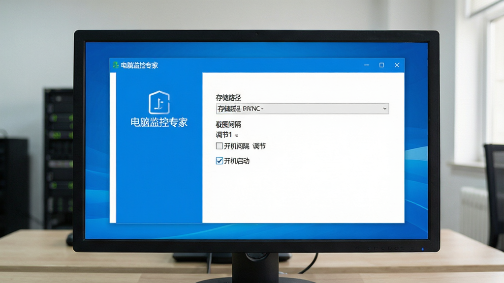 电脑监控专家安装设置界面,画面中软件窗口内显示安装向导与设置选项,包含存储路径选择、截图间隔调节、开机启动勾选项,界面风格简洁,蓝白配色,屏幕中显示“电脑监控专家”字样,布局清晰,画质干净,无多余元素