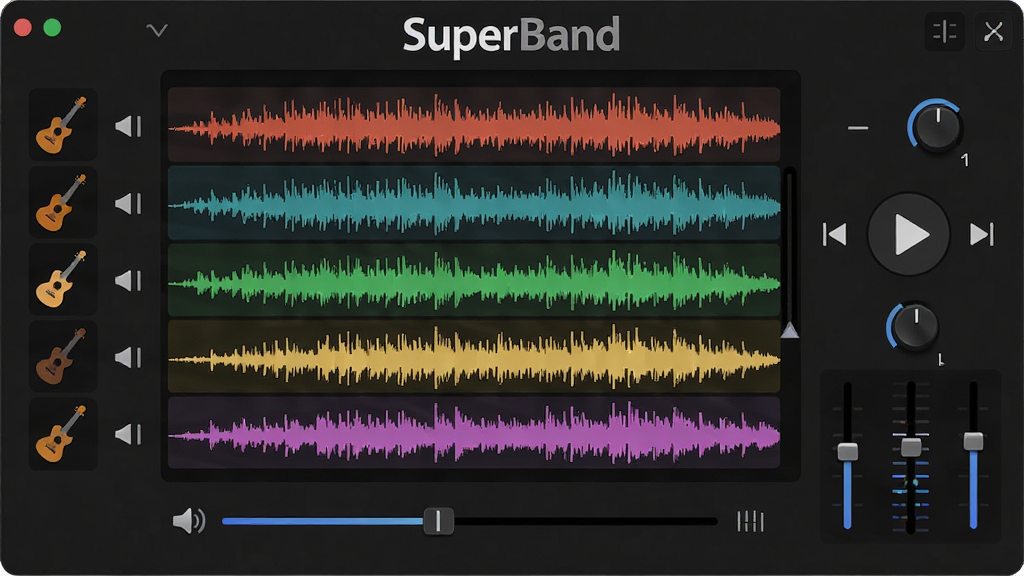 一张展示SuperBand软件主界面的图片,画面中央是深色背景的音乐播放器面板,面板上有多个彩色音轨波形条,左侧显示乐器图标,右侧有播放控制按钮,顶部有