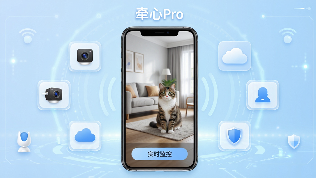 牵心Pro软件主界面展示,画面中央是一部智能手机竖屏显示监控画面,画面中有客厅场景和一只猫,手机周围环绕摄像头图标、云朵图标和盾牌图标,顶部有
