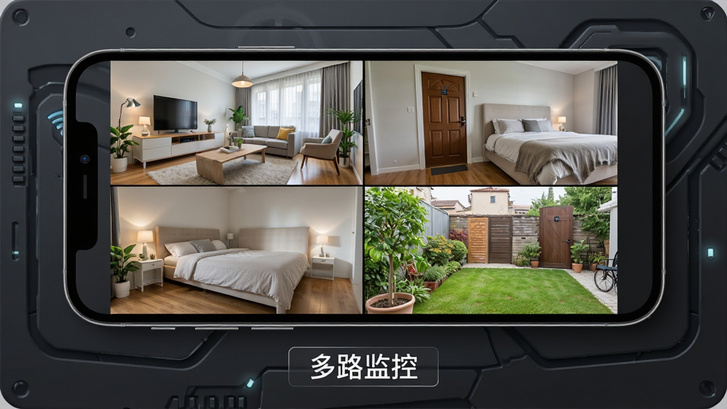 牵心Pro实时监控功能展示图,画面为一部手机横屏显示四个监控分屏画面,分别展示客厅、卧室、门口和院子场景,画面清晰明亮,手机下方有