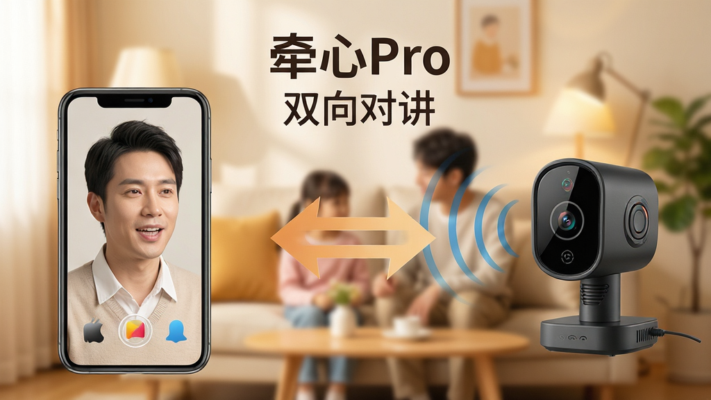 牵心Pro语音对讲功能示意图,画面左侧为手机用户正在说话,右侧为摄像头端传出声音波纹,中间有双向箭头连接,顶部有