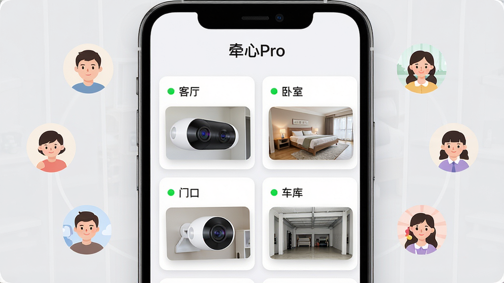 牵心Pro多设备管理界面图,画面为一部手机屏幕显示设备列表,列表中有四个摄像头设备卡片,分别标注