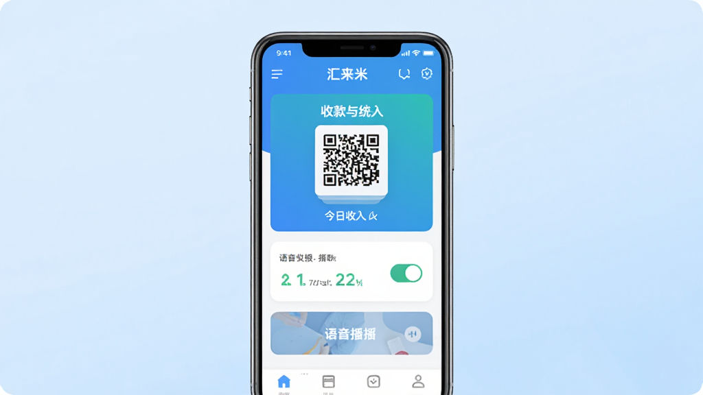 汇来米APP主界面与收款功能展示图,画面中央放置一部智能手机,屏幕显示汇来米应用的首页,包含收款码、今日收入统计、语音播报开关等模块,背景为简洁的浅蓝色渐变,风格清新商务,细节清晰,画质干净,无多余元素
