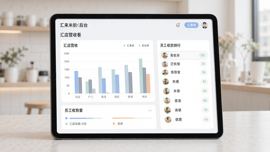 汇来米多门店管理后台界面示意图,画面展示平板电脑屏幕上的数据看板,包含各门店营收柱状图、员工收款排行列表,界面风格现代简洁,配色柔和,画质干净,无多余装饰