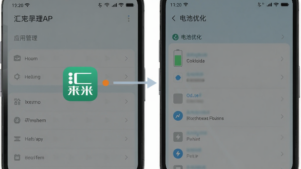 汇来米APP在安卓手机上的安装权限设置与后台运行优化示意图,画面展示手机设置界面中“应用管理”与“电池优化”选项,汇来米图标被高亮标注,风格简洁直观,画质干净,无多余元素