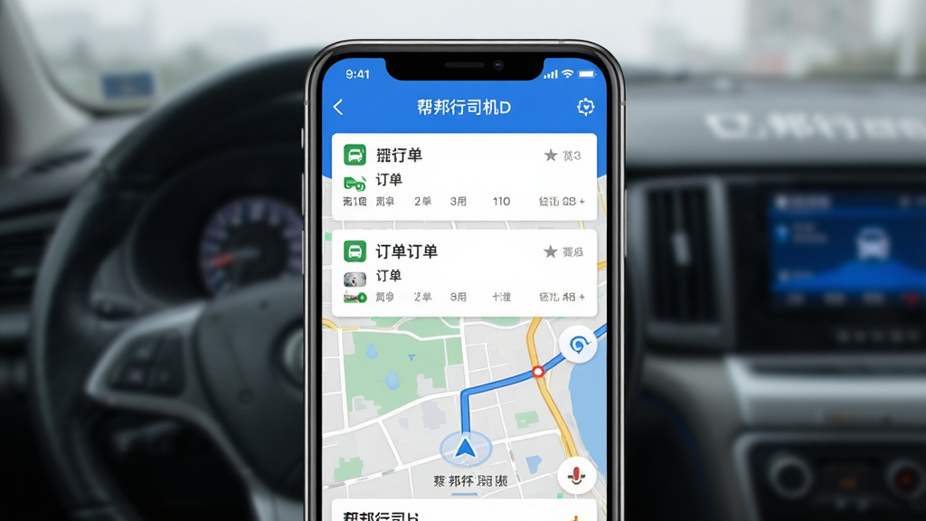 帮邦行司机D应用主界面截图,画面中心展示手机屏幕,屏幕内呈现订单列表与地图导航布局,顶部显示软件名称“帮邦行司机D”,整体采用蓝白配色,风格简洁商务,细节清晰,画质干净,无多余元素