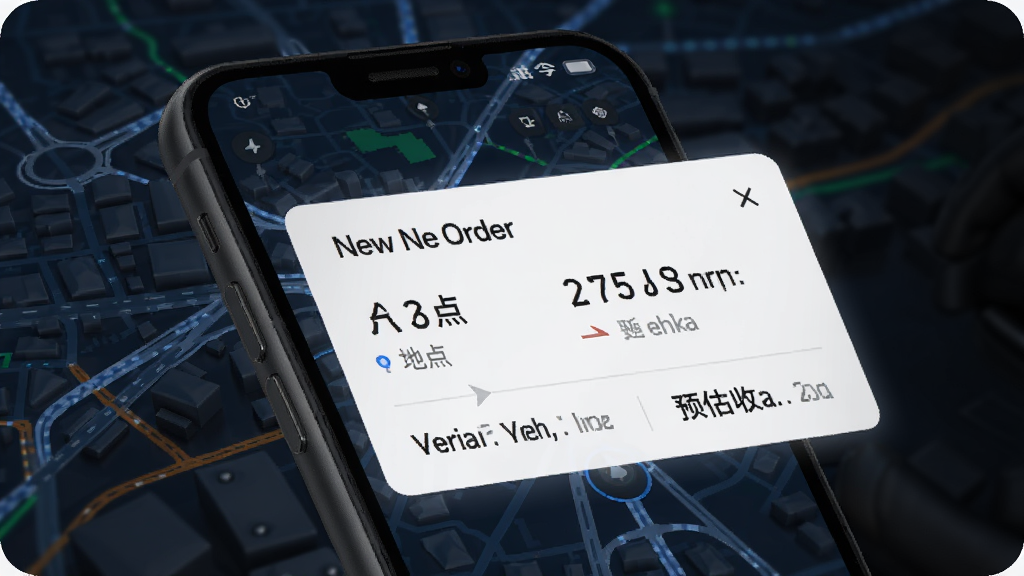 帮邦行司机D实时订单推送功能展示图,画面中智能手机屏幕弹出新订单提示框,显示起点终点与预估收入,背景为城市道路地图,风格现代科技感,细节清晰,画质干净