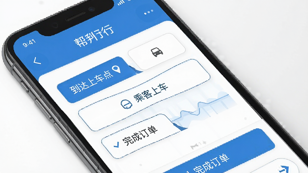 帮邦行司机D行程状态管理页面截图,手机屏幕显示多个状态按钮如“到达上车点”“乘客上车”“完成订单”,界面布局清晰,配色以蓝色和白色为主,风格简洁商务,画质干净