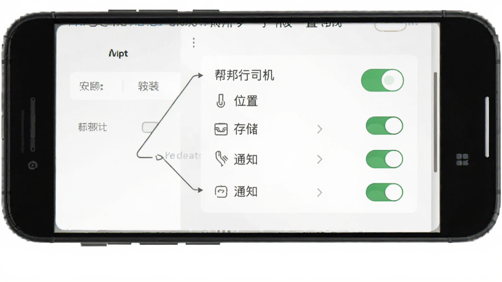 帮邦行司机D安装与权限设置示意图,画面中手机屏幕显示应用权限管理页面,包含位置、存储、通知等权限开关,界面简洁清晰,风格扁平化,画质干净,无多余元素
