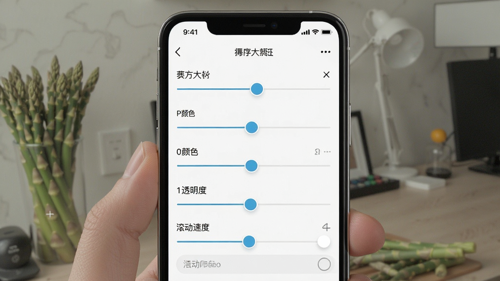 一张展示芦笋提词器设置界面的图片,画面中手机屏幕上显示着字体大小、颜色、透明度、滚动速度等调节滑块和选项。布局为手机设置界面截图风格,居中展示。风格为现代简约UI风格,细节包括清晰的标签文字、直观的滑块控件、协调的配色方案。画质清晰,画面干净,无多余元素。
