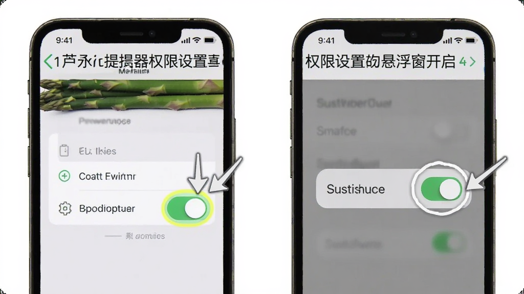 一张展示芦笋提词器权限设置和悬浮窗开启步骤的图片,画面中手机屏幕上显示着权限管理界面和悬浮窗开关按钮。布局为手机界面截图风格,分步骤展示。风格为教程图解风格,细节包括清晰的箭头指示、高亮标注的开关按钮、简洁的文字说明。画质清晰,画面干净,无多余元素。